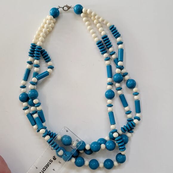 Vintage Blue And White Multi Strand Beaded Necklace With Round And Tube Beads - Picture 3 of 10